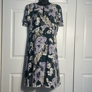 Vintage Y2K Ann Taylor Dress Women 12 Green Beige Purple Large Flowers Babydoll